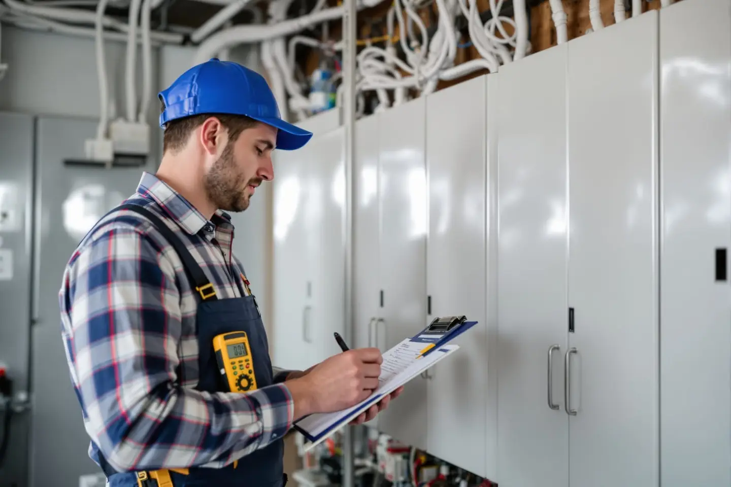 Electrician performing electrical load calculation audit in residential panel room