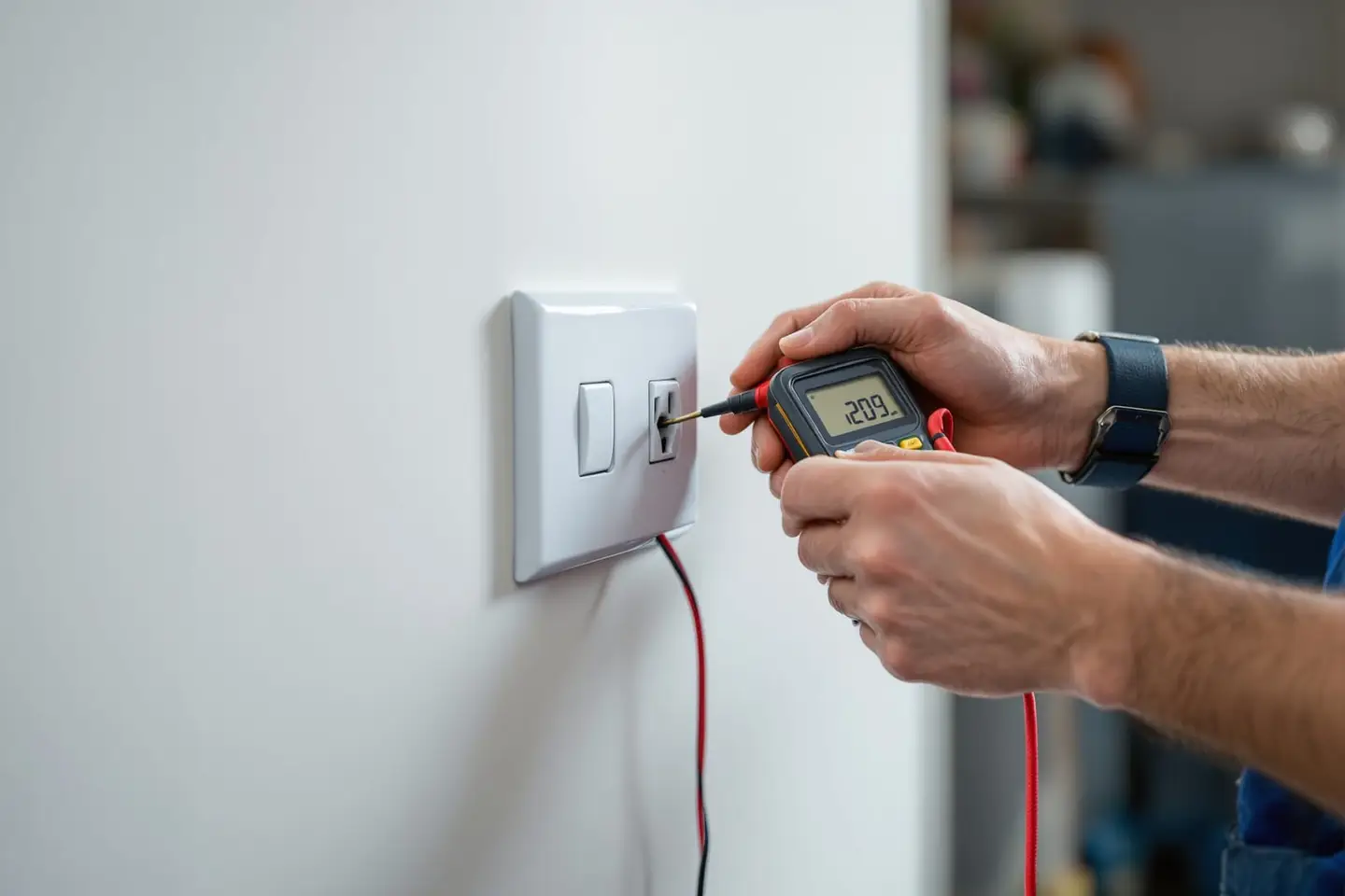 Licensed electrician using multimeter to test voltage at residential electrical panel