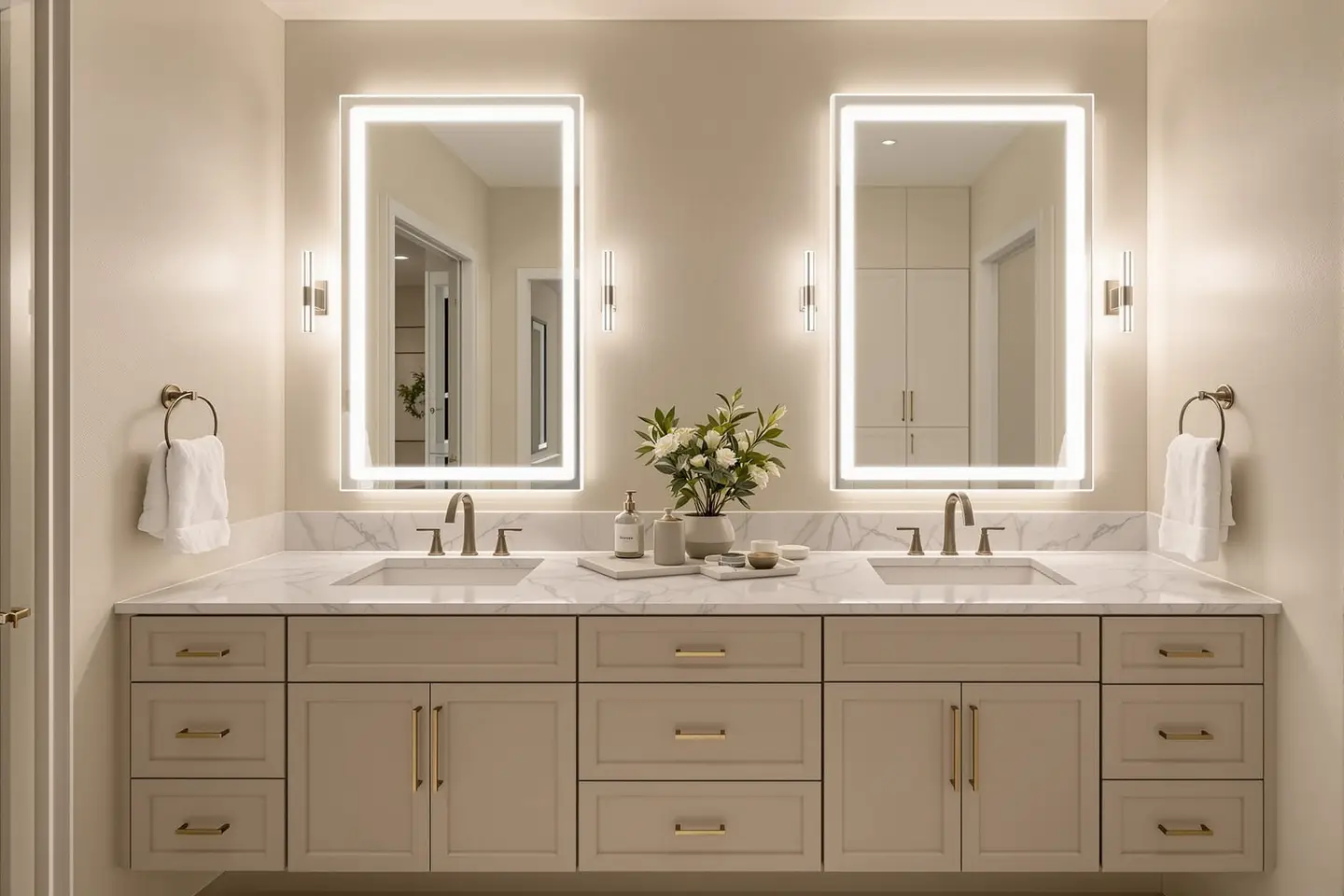Bathroom vanity with GFCI outlet visible