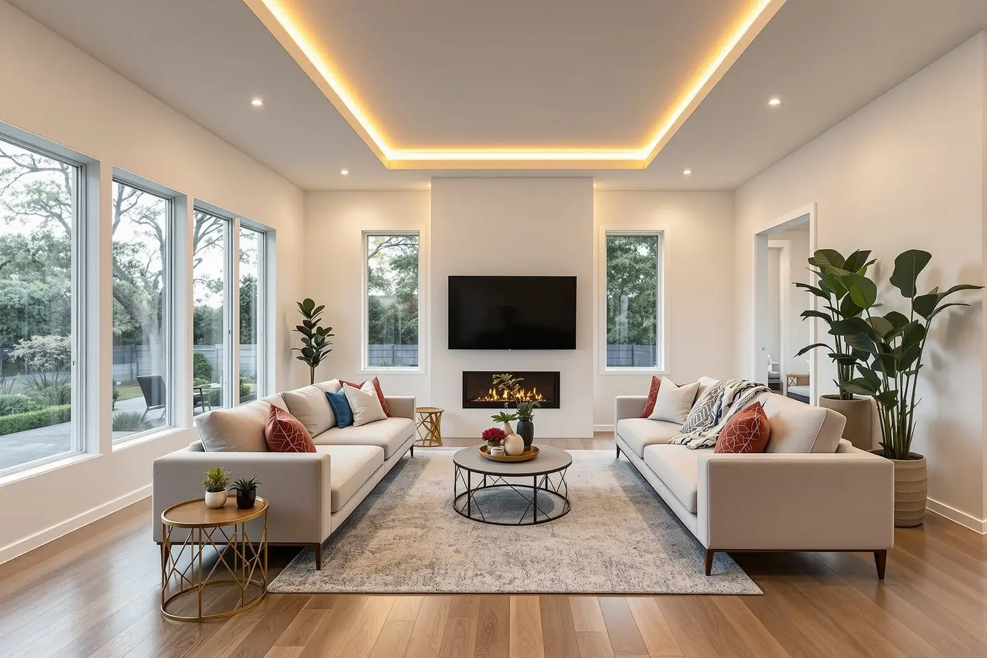 Cozy modern living room with warm recessed lighting in a Texas home